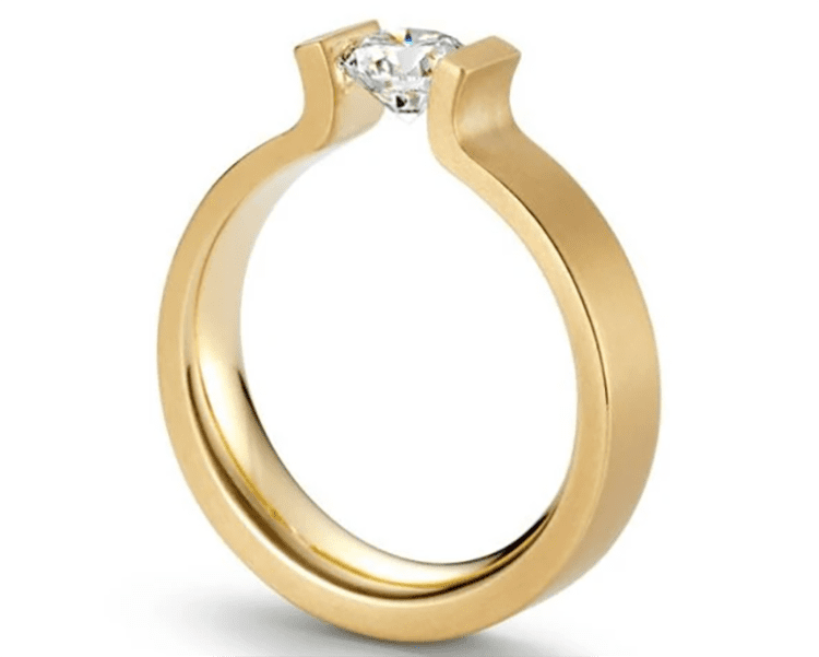 18K yellow gold and tension-set diamond engagement ring. I Gorman Jewelers. engagement ring ideas