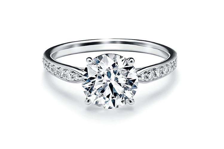 2ct TIffany Harmony round brilliant engagement ring with a diamond platinum band. (Photo courtesy of Tiffany)