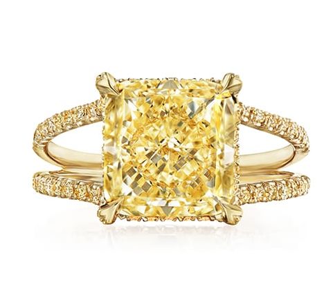 Kwiat yellow radiant cut diamond ring with yellow diamond pavé shank in yellow gold. Price upon request. (Photo courtesy of Kwiat)