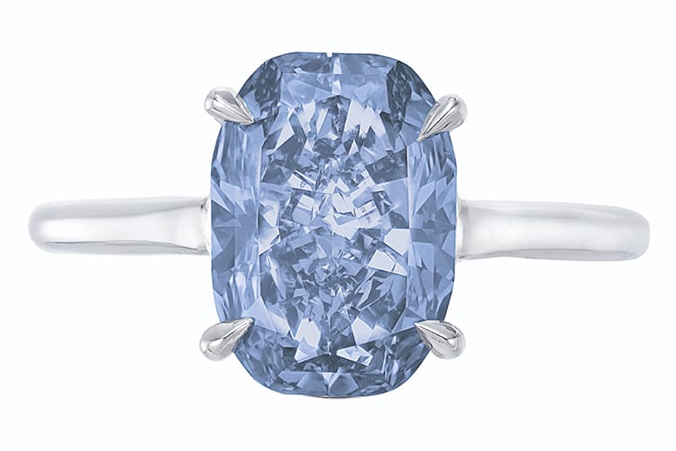 Fancy vivid blue round-cornered rectangular modified brilliant-cut diamond of 3.07 carats in platinum. Estimated to be $3 million to $4 million. (Photo Courtesy of Christie’s)