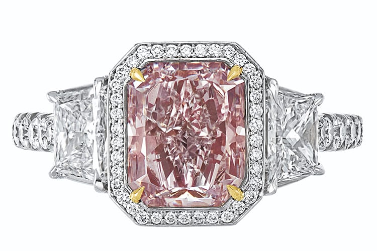 Fancy purplish pink cut-cornered rectangular modified brilliant-cut diamond of 2.53 carats. Estimate to be $200,000 to $300,000. (Photo courtesy of Christie’s)