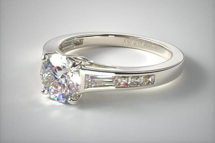 Platinum tapered baguette and princess engagement ring. (Photo by James Allen).