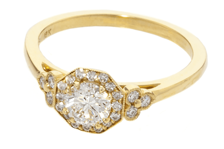 Roslyn Collection Yellow Gold Octagonal Halo and Trefoil Diamond Sides Engagement Mounting. Photo by Tiny Jewel Box.