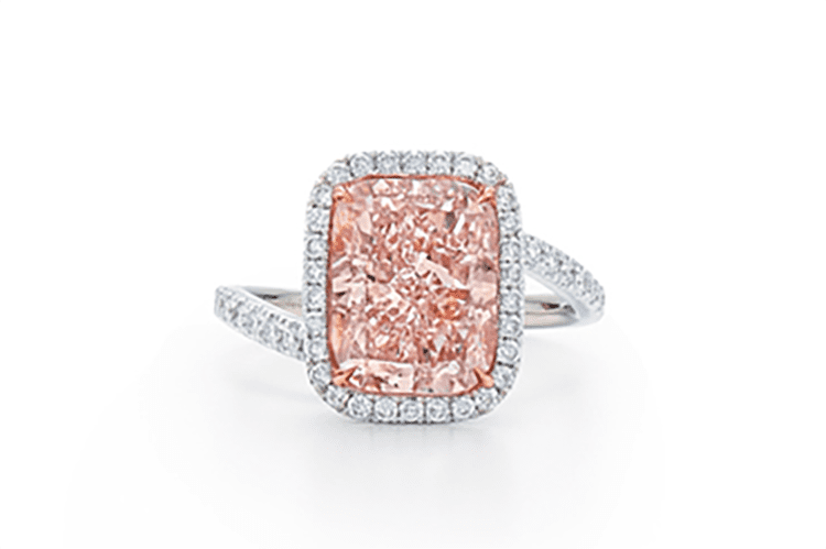 Kwiat fancy cushion cut pink diamond ring with round brilliant cut diamond halo and shank in rose gold. Price upon request. (Photo courtesy of Kwiat)