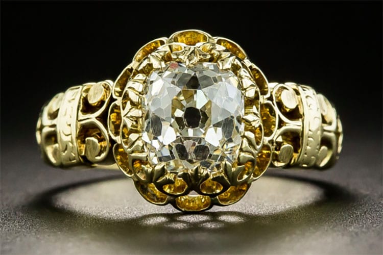 Lang Antiques 2.00-carat cushion-cut diamond set in a hand fabricated Victorian ring.