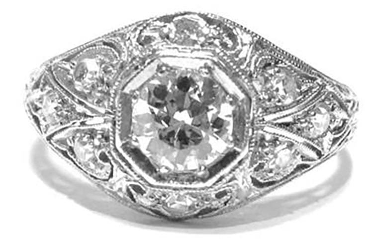 Art Deco filigree ring with central old European cut diamond set in a hand-carved, pierced platinum mounting with diamond accents. (Photo courtesy of Gray & Davis)