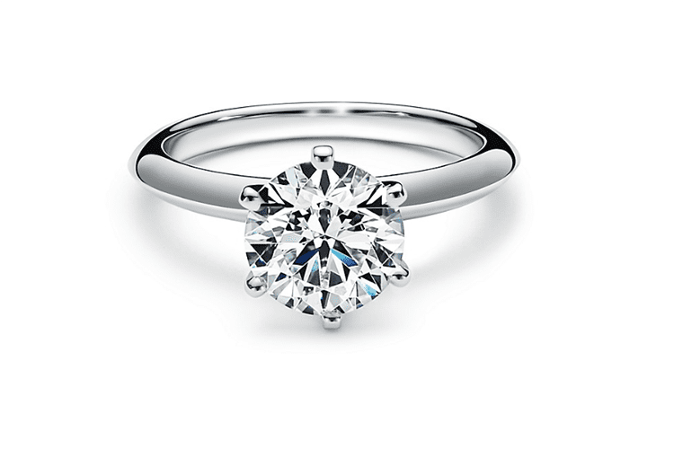 The most classic iteration of this style: a round-brilliant diamond set in platinum. From $1,700. (Photo courtesy of Tiffany & Co.)