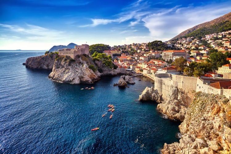 The General view of Dubrovnik - Fortresses Lovrijenac and Bokar seen from south old walls, Croatia. South Dalmatia.