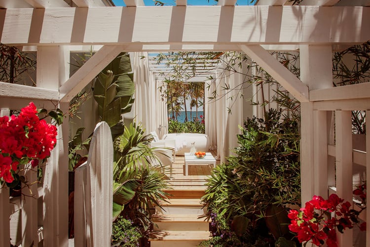 View inside veranda surrounded by tropical garden