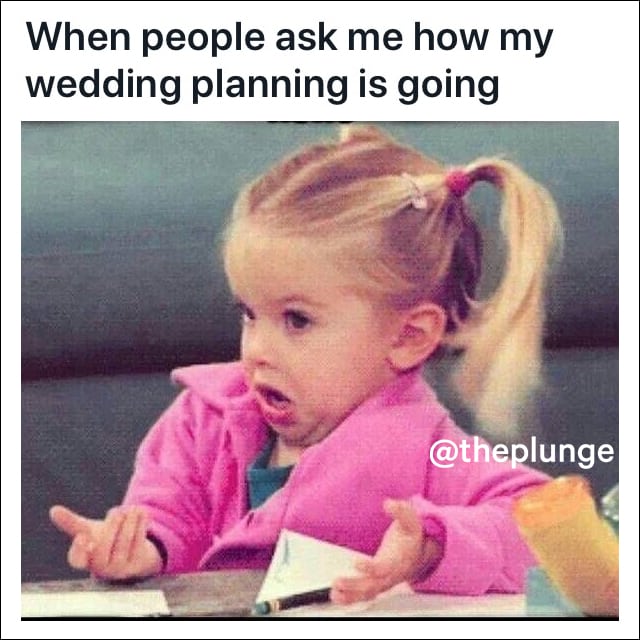 Confused girl meme: little girl gives a highly confused expression when asked "how's the wedding planning going?"