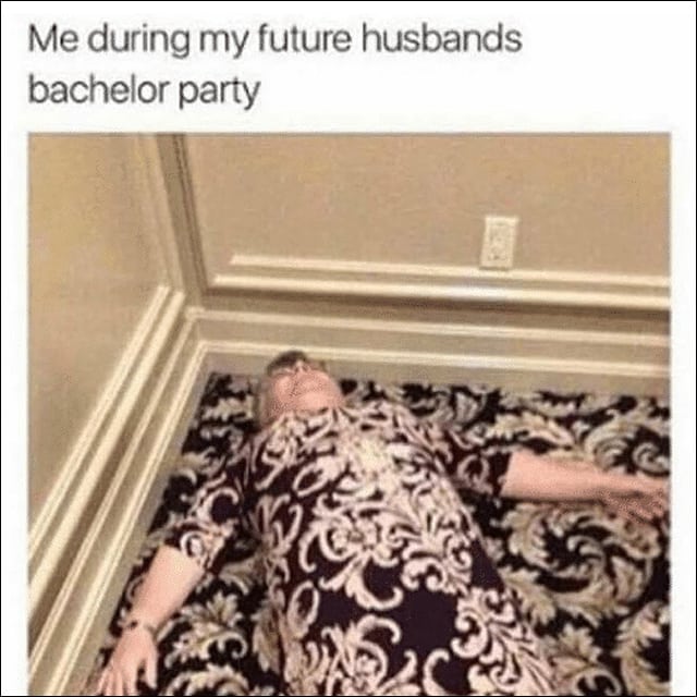 Woman with same dress pattern as the carpet lies on the floor, badly camouflaged, captioned "me at my future husband's bachelor party" 