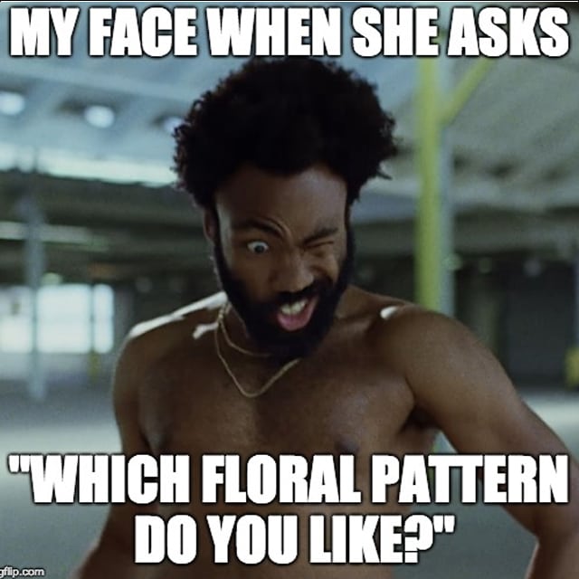 Childish Gambino making a funny face "when she asks "what floral pattern do you like?""