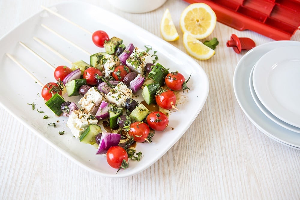 Plate of Greek salad skewers
