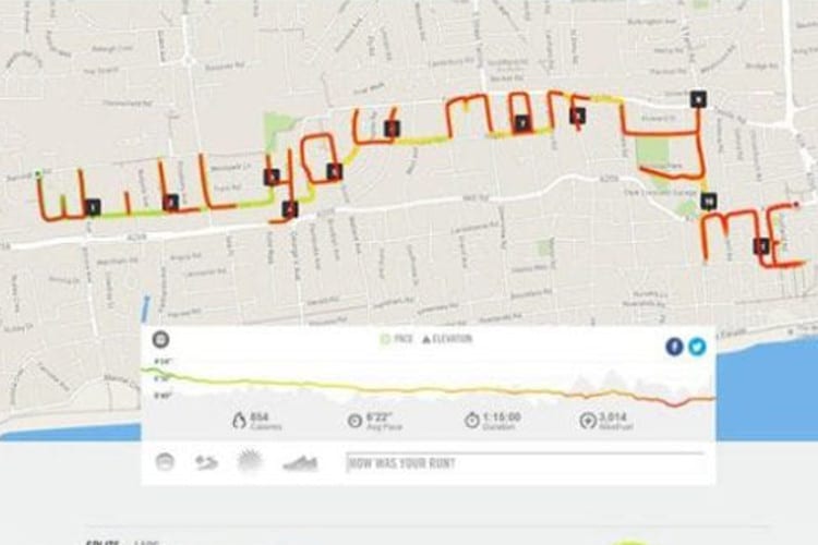 A GPS printout of a route that spells the words will you marry me