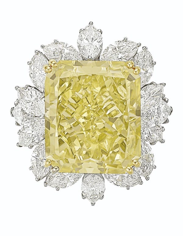 Fancy yellow cut-cornered rectangular modified brilliant-cut diamond of 20.13 carats. Estimated to be worth $180,000 to $250,000. (Photo courtesy of Christie’s)
