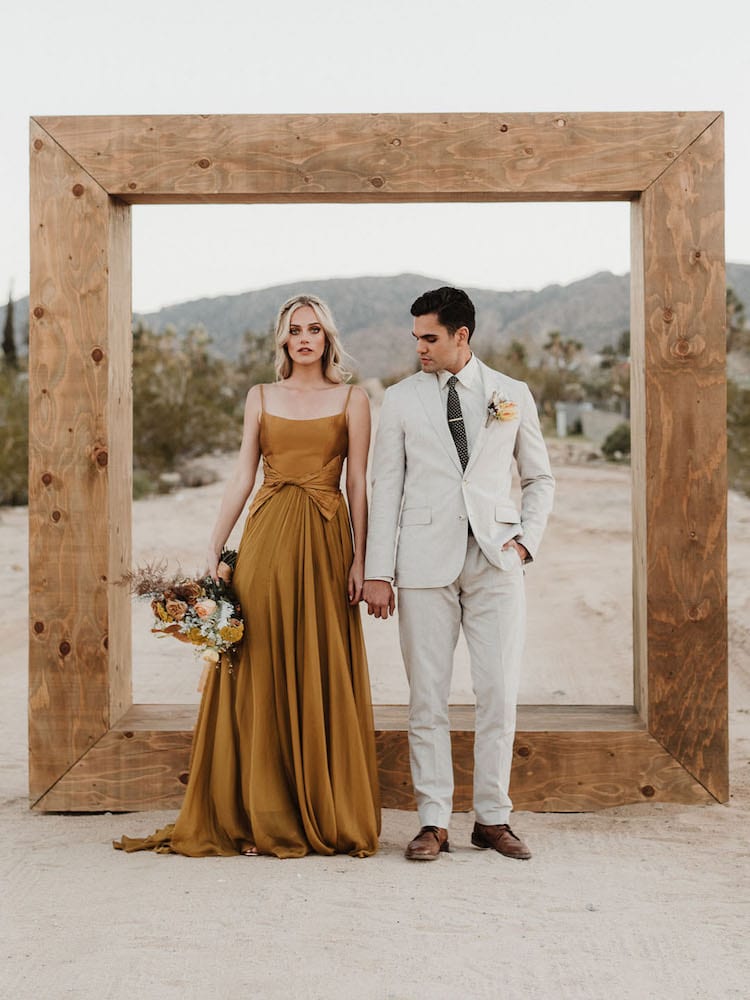 wedding tan suit look couple