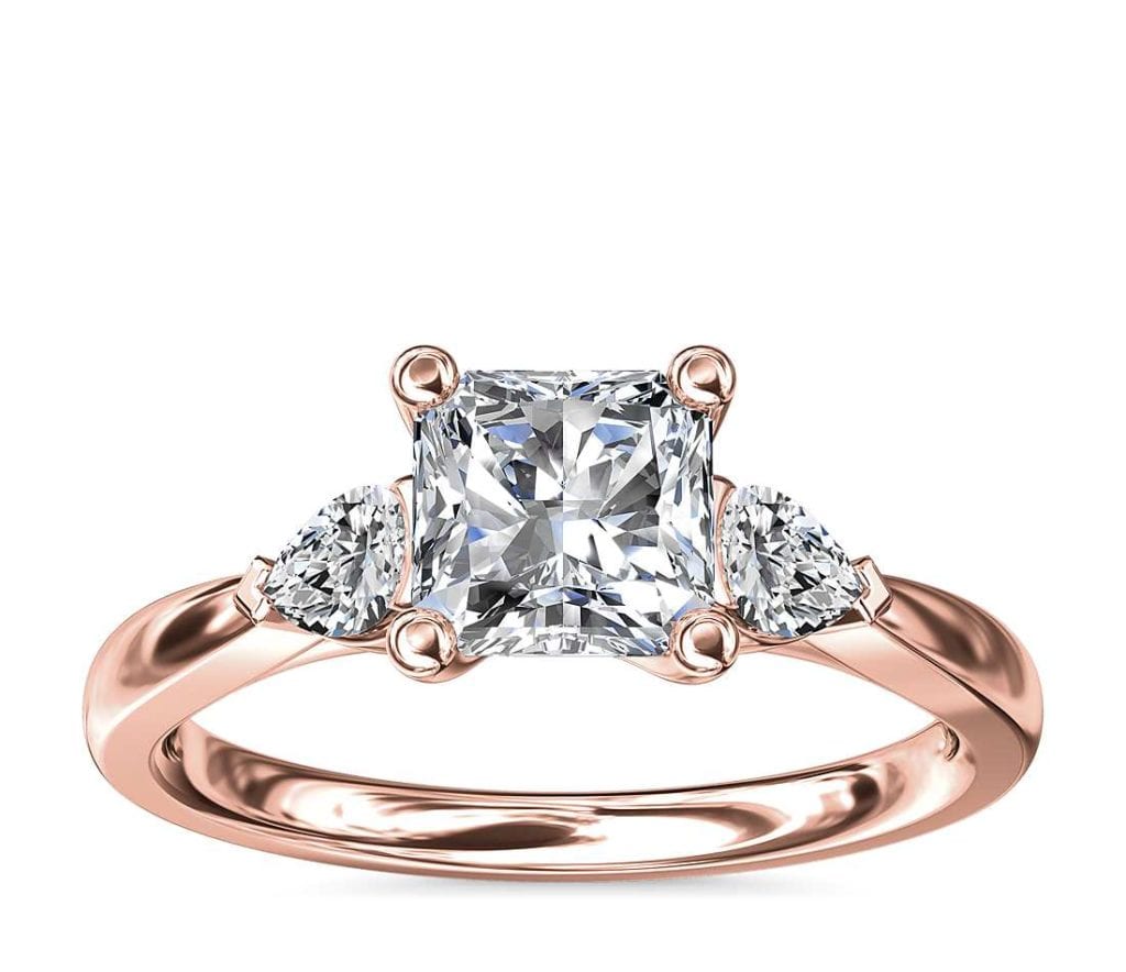 Blue Nile 18K Rose Gold Ring with 3-stone setting and pear-shaped diamonds